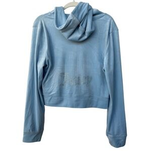 Juicy Couture Womens XL Baby Blue Velour Rhinestone Logo Zip Up Cropped Hoodie
